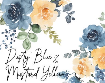 Dusty Blue Mustard Yellow Watercolor Floral Clipart Flowers Clip Art Spring Fall Clipart Peonies Wedding Printable Graphics Bouquets PNG