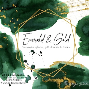 Smaragdgroen aquarel spatten gouden frames borstels clipart bruiloft clipart graphics penseelstreek donkergroen goud glitter uitnodigingen png
