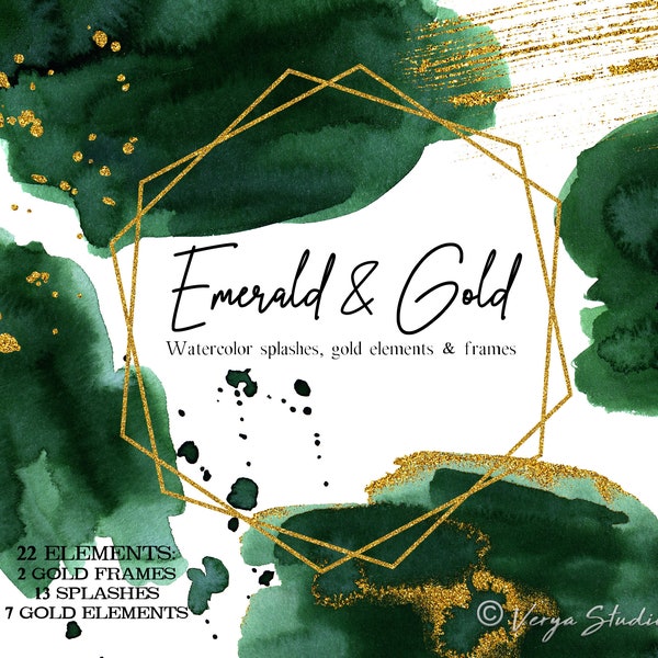 Emerald Green Watercolor Splashes Gold Frames Brushes Clipart Wedding Clipart Graphics Brush Stroke Dark Green Gold Glitter Invitations PNG