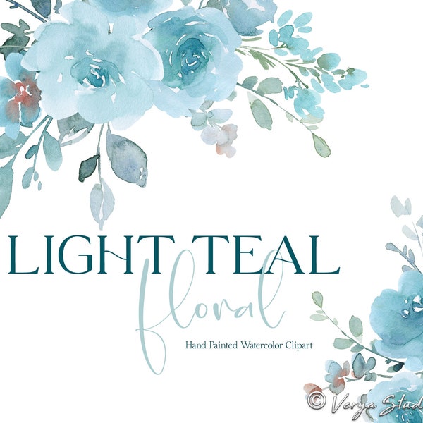 Aquarelle Sarcelle Floral Clipart Bleu Vert Fleurs Clipart Lumière Lumineux Pastel Turquoise Fleur Roses Feuilles Verdure Bouquets Mariage PNG