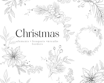 May include: Black and white line art illustrations of Christmas floral elements, bouquets, wreaths, and borders. The illustrations include poinsettias, holly, berries, pine branches, and other winter foliage.