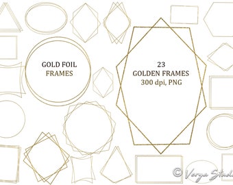 Gold Frame Clipart PNG Set Minimalist Golden Frames Geometric Wedding Invitation Template Bridal DIY Border Metallic Polygon Design Elements
