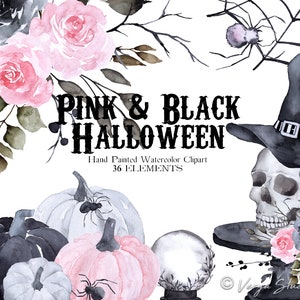 Halloween Clipart Aquarell Halloween Clip Art Pastel Goth Halloween Pink Blush Schwarz Hexenhut Schädel Floral Kürbis Gothic Hochzeit PNG