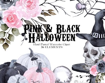 May include: Pink and black watercolor Halloween clipart with 36 elements.  The clipart includes pumpkins, a witch's hat, a skull, spiders, and roses.