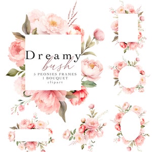 Floral Clipart Watercolor Peonies Clip Art Dusty Rose Light Soft Pink Blush Flowers Bouquet Borders Spring Wedding Graphics Elegant 6 PNG