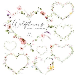 Corone di cuori Fiori selvatici Clipart Cornici verdi Rosa polverosa Floreale San Valentino Botanico Acquerello Fiori selvatici Bordi Matrimonio 10 PNG