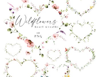 Coeur couronnes de fleurs sauvages Clipart verdure cadres Dusty Rose Floral Saint-Valentin botanique aquarelle fleurs sauvages bordures mariage 10 PNG