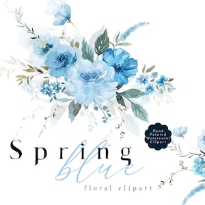 Clipart Floral Aquarela Azul Céu Cerúleo Flores Azul Bebê PNG Pastel Buquês Azul Empoeirado Guirlanda Conjunto de Gráficos de Casamento de Primavera Pintados à Mão