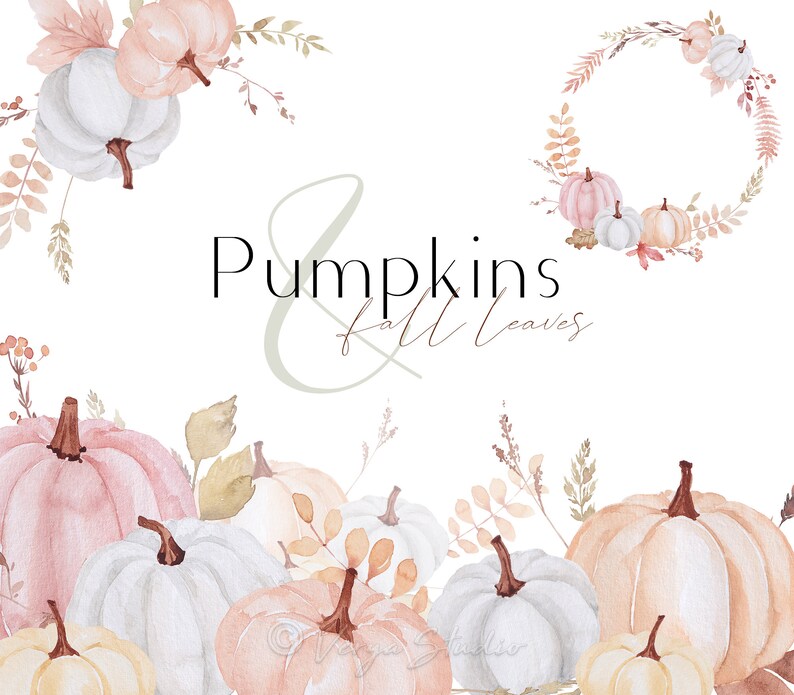 Soft Peach and White Pumpkin Clipart, Elegant Fall Watercolor Clip Art ...