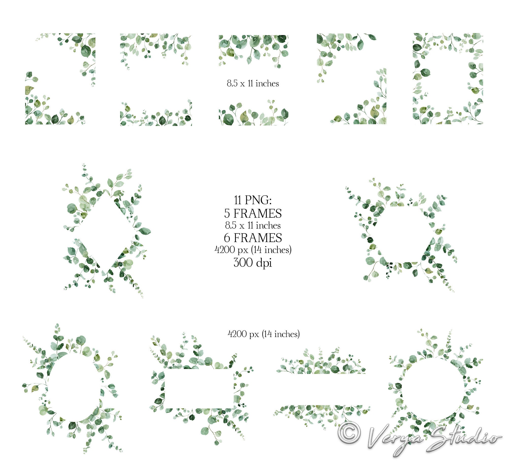 Watercolor Greenery Clipart Frames Clip Art Eucalyptus Frame Wreath ...