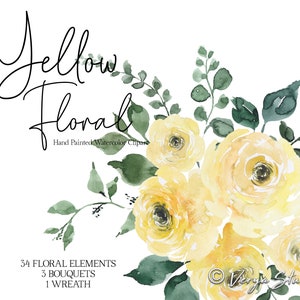 Clipart floral de acuarela amarilla, clip art de flores de ranúnculo, gráficos de clipart de boda, flores, peonías, vegetación, follaje, corona, ramo