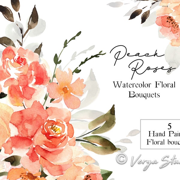 Peach Coral Watercolor Floral Bouquets Clipart Orange Red Yellow Flowers Bouquets Clip Art Wedding Stationery Bridal Printable PNG Graphics