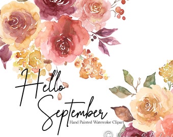 Fall Floral Watercolor Flowers Clipart Autumn Clip Art Fall Clipart Burgundy Peach Yellow Roses Peonies Fall Leaves Berries Fall Wedding PNG