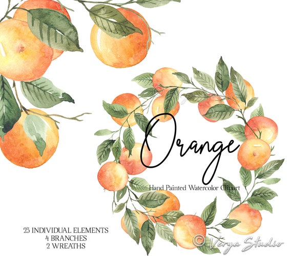 watercolor- wedding invitation card instant download Orange botanical wreath clipart table number mandarine blossom