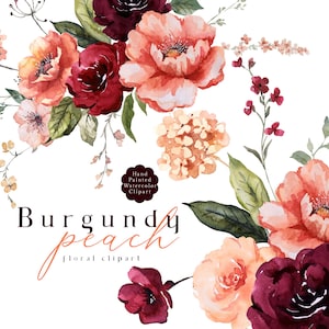 Clipart floral pêche bordeaux fleurs aquarelles Clip Art fin de l'été bouquets d'automne fleurs de mauvaise humeur mariage pivoines Illustrations automne PNG