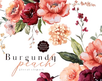 Peach Burgundy Floral Clipart Watercolor Flowers Clip Art Late Summer Fall Bouquets Moody Florals Wedding Peonies Illustrations Autumn PNG