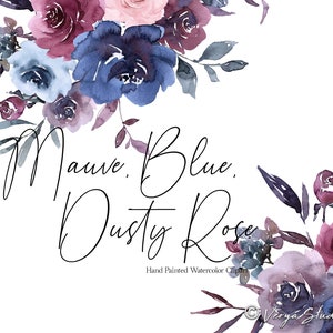 Clipart floreale acquerello blu malva, clipart fiori, rosa antico, blu antico, fiordaliso, blu, marrone, verde, bouquet, grafica per matrimonio, PNG