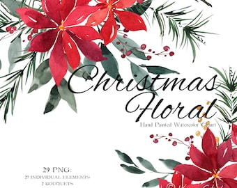 Clipart de Navidad Acuarela Clipart floral navideño Flor de pascua Acebo Coníferas Bayas Tarjetas de felicitación Impresión Sublimación Transferencia Vacaciones PNG
