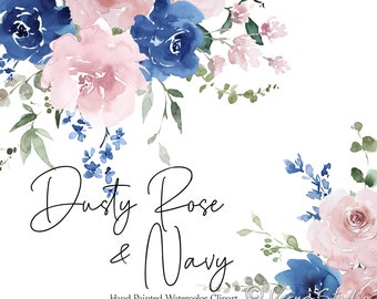 May include: Watercolor floral clipart featuring dusty rose and navy blue flowers. The flowers are arranged in a bouquet with greenery. The text "Dusty Rose & Navy" is written in cursive below the flowers. Hand Painted Watercolor Clipart.