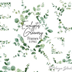 Watercolor Greenery Clipart Frames Clip Art Eucalyptus Frame Wreath Green Leaves Foliage Clipart Rustic Woodland Wedding Invitations DIY PNG