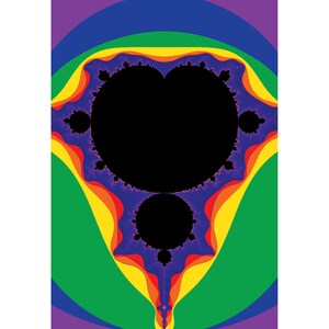 Könnte beinhalten: Ein farbenfrohes abstraktes Bild mit einem Regenbogenmuster und einer schwarzen Herzform in der Mitte. Das Bild erinnert an ein Fraktal oder eine Mandelbrot-Menge.