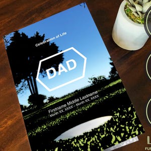 May include: A funeral program template featuring a blue sky and tree silhouette background with the text Celebration of Life, DAD, and placeholders for a name and dates. The design includes circular badges stating Easy to add your photos & copy, Download & edit in Word, and Designed in the USA.