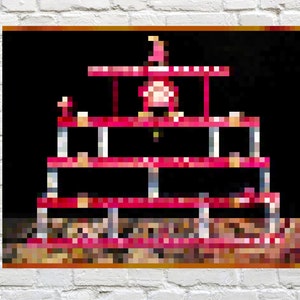 May include: A red wooden tiered stand with four shelves. The stand is decorated with small, colorful ornaments and a bell at the top.