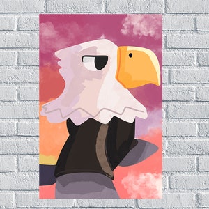 Peut inclure: Une illustration de dessin animé d'un aigle blanc avec un bec jaune et des yeux noirs. L'aigle porte une veste noire et a un fond rose et orange avec des nuages blancs.