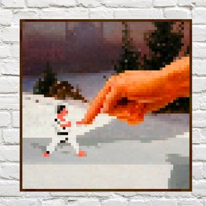 May include: A large hand reaches down towards a small person in a striped shirt, walking on a snowy surface. The scene is painted in a pixelated style.