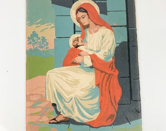 Vintage Virgin Mary Jesus Paint by Numbers Painting Kitschy Iconography Mcm Art, vintage gallery wall