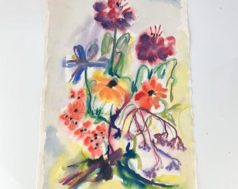 May include: Watercolor painting of a floral arrangement. The artwork features vibrant blooms in shades of red, purple, orange, and yellow, with green stems and leaves. The background has soft watercolor washes of blue and yellow.