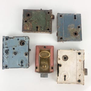 5 Antique Painted Door Knob Mechanism Hardware Locks Forged Steel Corbin Yale, vintage Industrial, Primitive Rustic Decor