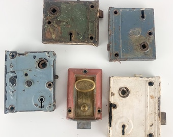 5 Antique Painted Door Knob Mechanism Hardware Locks Forged Steel Corbin Yale, vintage Industrial, Primitive Rustic Decor