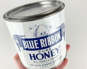 Vintage Blue Ribbon Honey Advertising Tin Bucket Can w Bee Hive Farms Farmhouse