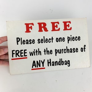 Vintage Original Cardboard Sign Free With Purchase Of Any Handbag Handmade Vinyl, vintage store sign