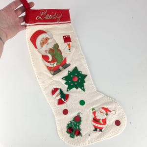 Vintage Christmas felt stocking handmade sequin Daddy Santa Claus Snowman Tree, Kitschy Decor
