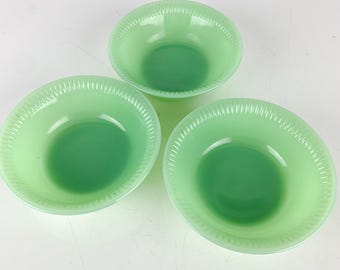 3 Vintage Anchor Hocking Fire King Jadeite 4 7/8" Berry Fruit Bowls Jane Ray MCM, retro kitchen decor, vintage milk glass, kitschy kitchen