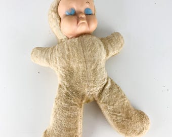 Vintage Rushton Rubber Face Pouty Pout Doll Plush Toy Kitschy Retro Kids Play, kitschy doll, Kitsch, mid century modern doll