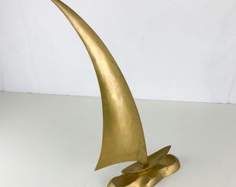 Large Vintage Brass Sailboat Ocean Sculpture Nautical Coastal Cottage Decor