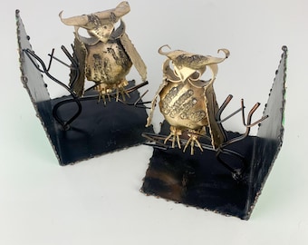 Vintage C Jere style Brutalist Metal Owl Branch Sculpture Bookends Mid Century, bookshelf decor, home study decor