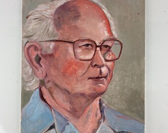 Vintage Original Acrylic Painting Portrait Man w Glasses Board Frieda Solomon, original Art, vintage gallery wall