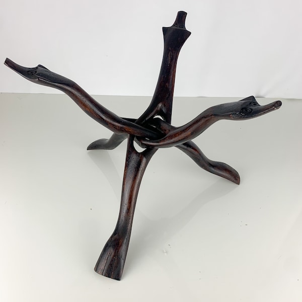 Vintage Interlocking Bowl Stand Hand Carved Wooden Snake Tripod Centerpiece, Stand Holder Alter Pedestal