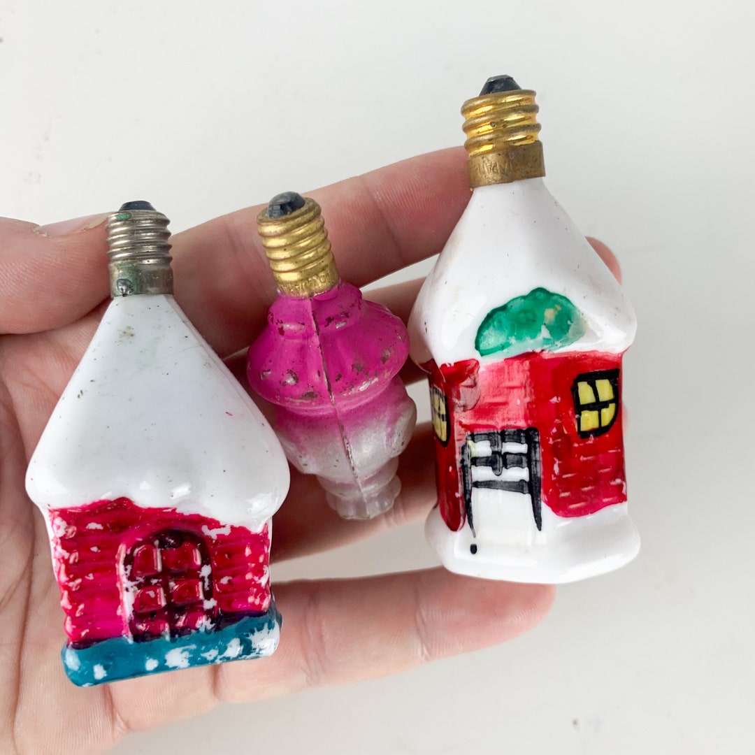 3 Vintage Figural Milk Glass Christmas Tree Lights Ornaments Houses