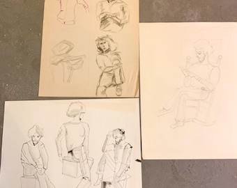 3 Vintage Bearded Man Study Figural Sitting on Rocking Chair Rosemarie Hahn Mcm, vintage gallery wall, mid century modern art