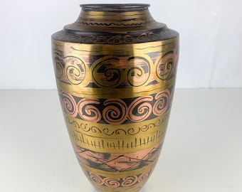 Vintage Egyptian 80s Art Deco Revival Brass Black Copper Swirl Lacquer Vase, vintage brass vase