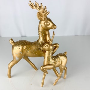 2 Vintage Plastic Gold Mica Glitter Reindeer figure Christmas retro Mcm Japan