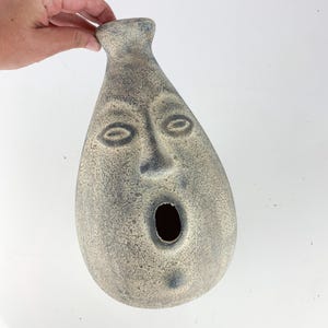 May include: A gray ceramic vase with a face design. The vase has a surprised expression with open eyes and mouth. The vase is held by a hand.