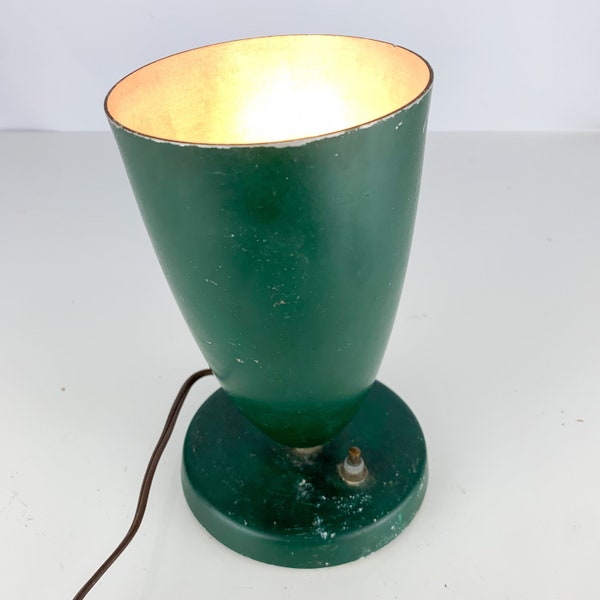 Vintage Green Cone Metal Table Lamp Light Up Atomic Mid-Century Modern Mcm, mid century modern lamp, farmhouse light, industrial lamp
