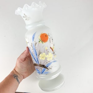 Vintage Antique Bristol Frosted Art Glass Vase Ruffled Edges White Blue Flowers, granny chic, cottage core