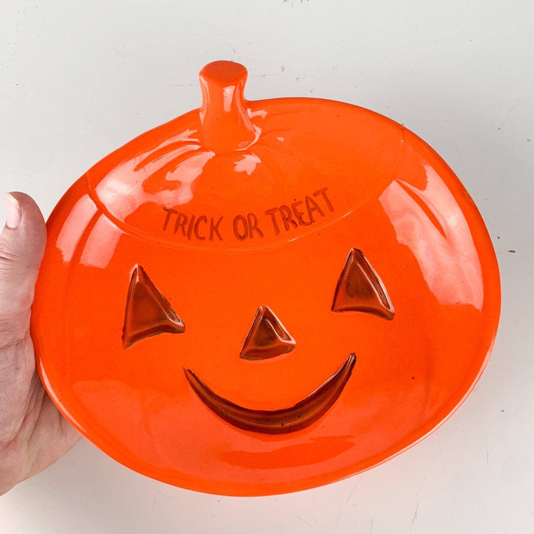Vintage Art Pottery Ceramic Halloween Pumpkin Jack O Lantern Candy Dish ...